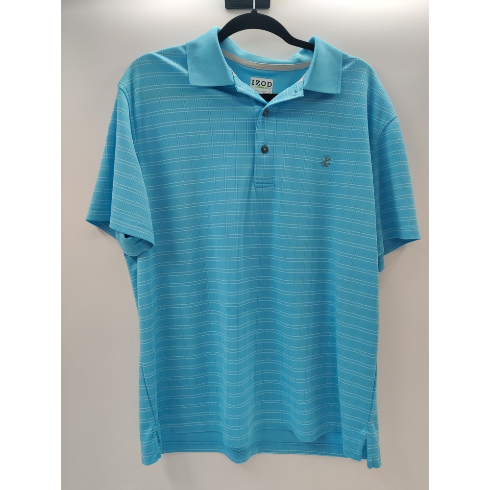 Izod Golf Mens Polo Shirt Large Light Blue Grid Pattern Short Sleeve Performance